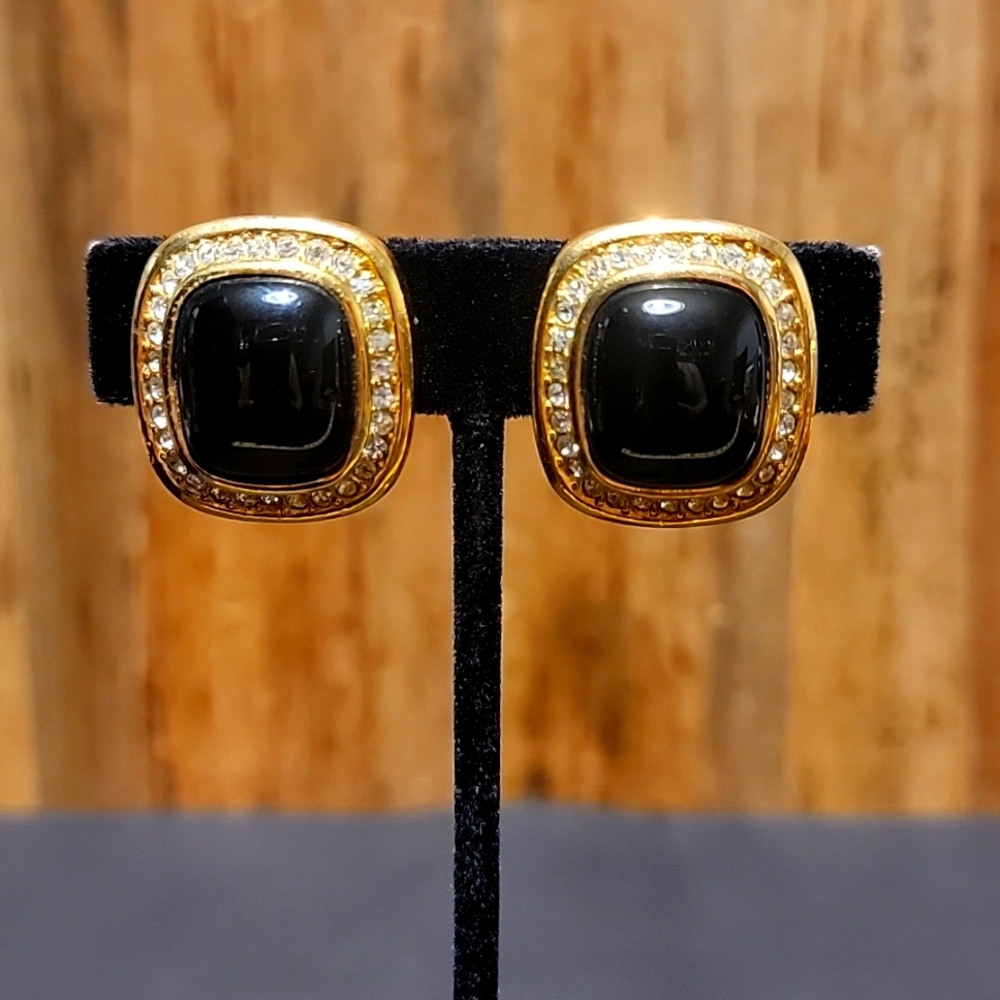 Vintage Christian Dior Stone Clip On Earrings Gold Tone